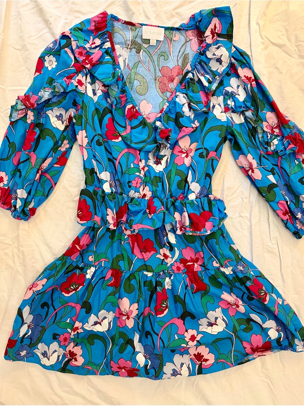 Sugarlips Blue Floral Mini Dress with Pink & Red Accents